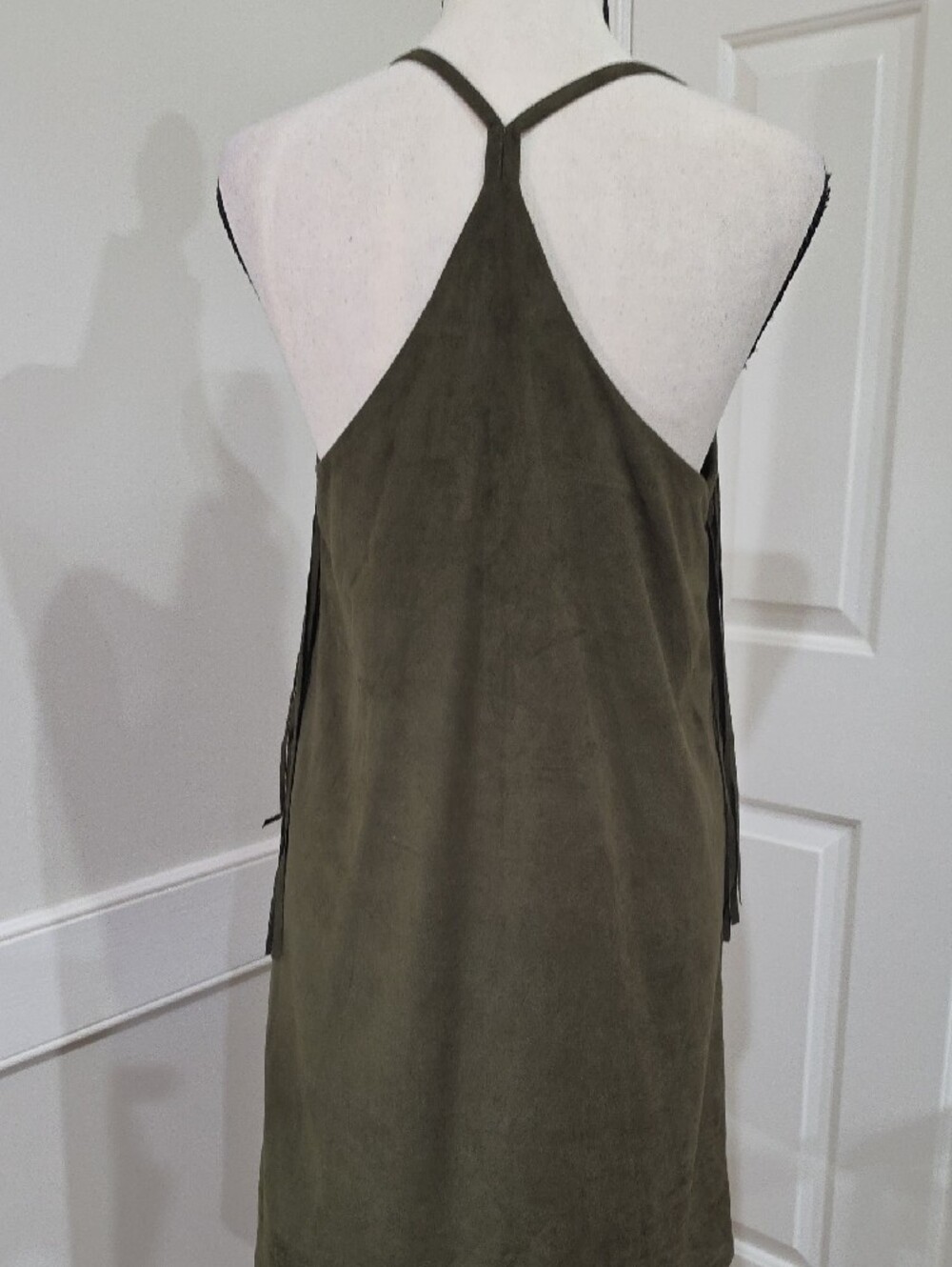 YA Los Angeles Olive Green Faux Suede Fringe Mini Dress - Size Small - Picture 11 of 13